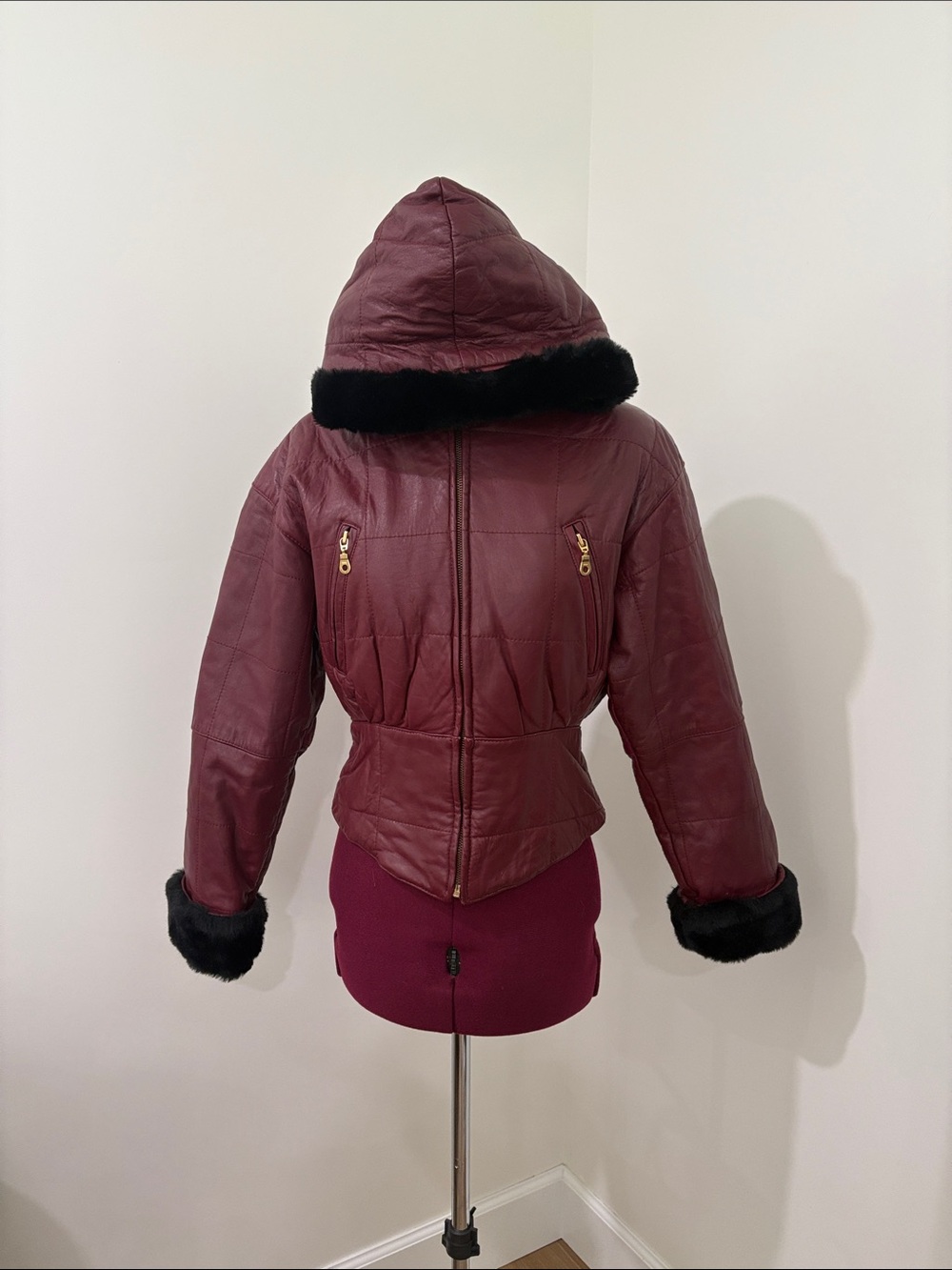 Wilsons Leather Burgundy Hooded Puffer Jacket with Black Faux Fur Trim